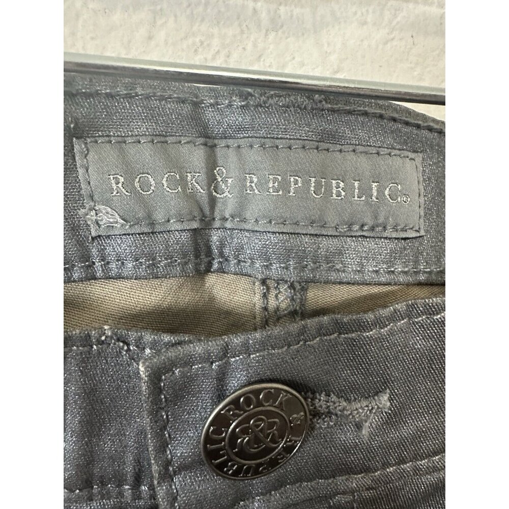 Rock And Republic Mid Rise Embroidered Logo Gray Metallic Skinny Jeans Size 10 - Picture 2 of 10